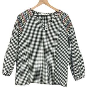 Madewell Black/White Smocked Embroidered Shoulder 100% Cotton Gingham Blouse